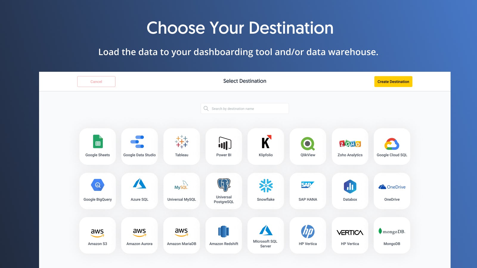 Dataddo Software - Choose your any and all of your destinations, whether that's a dashboarding tool or data warehouse.