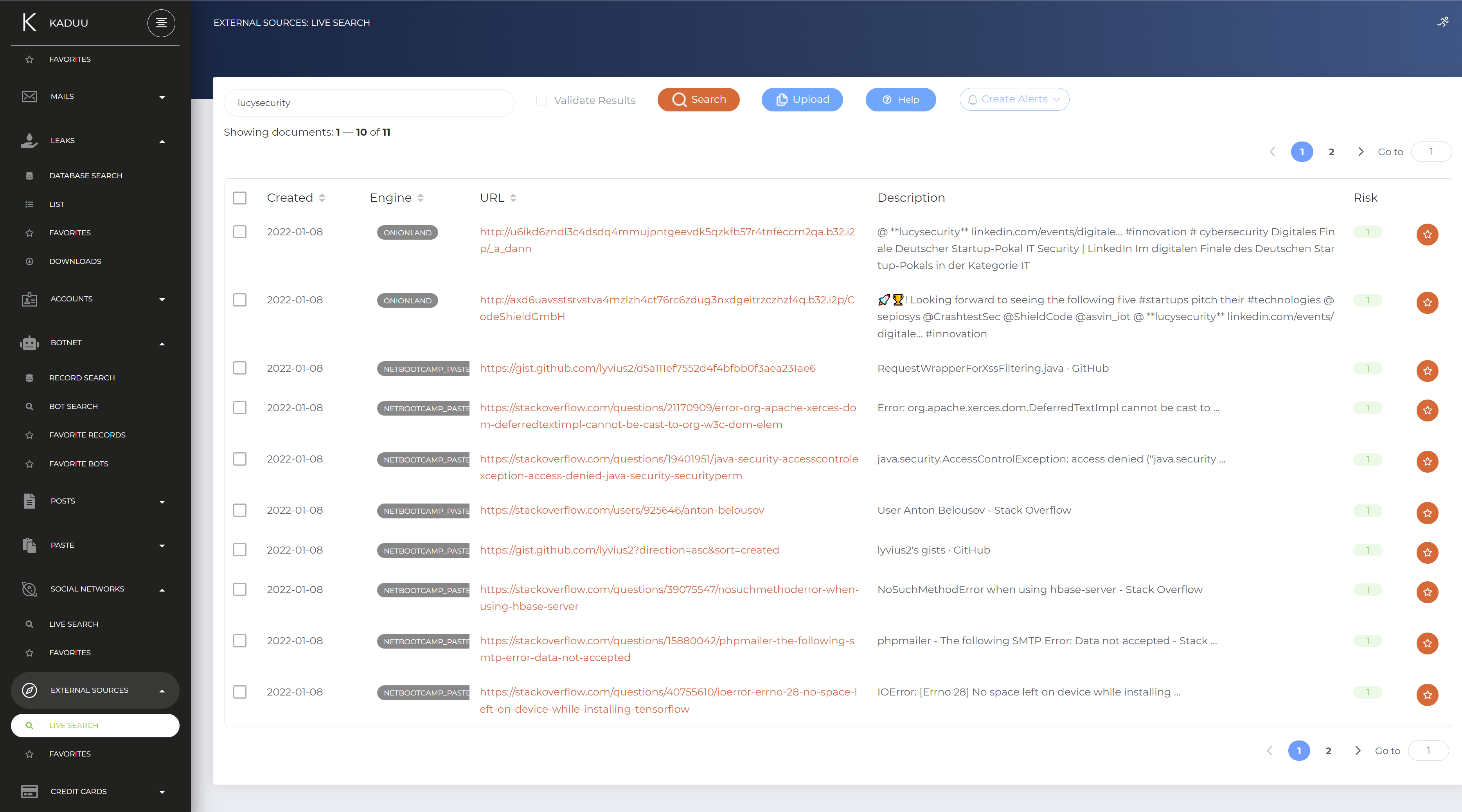 Kaduu screenshot: Darknet Search