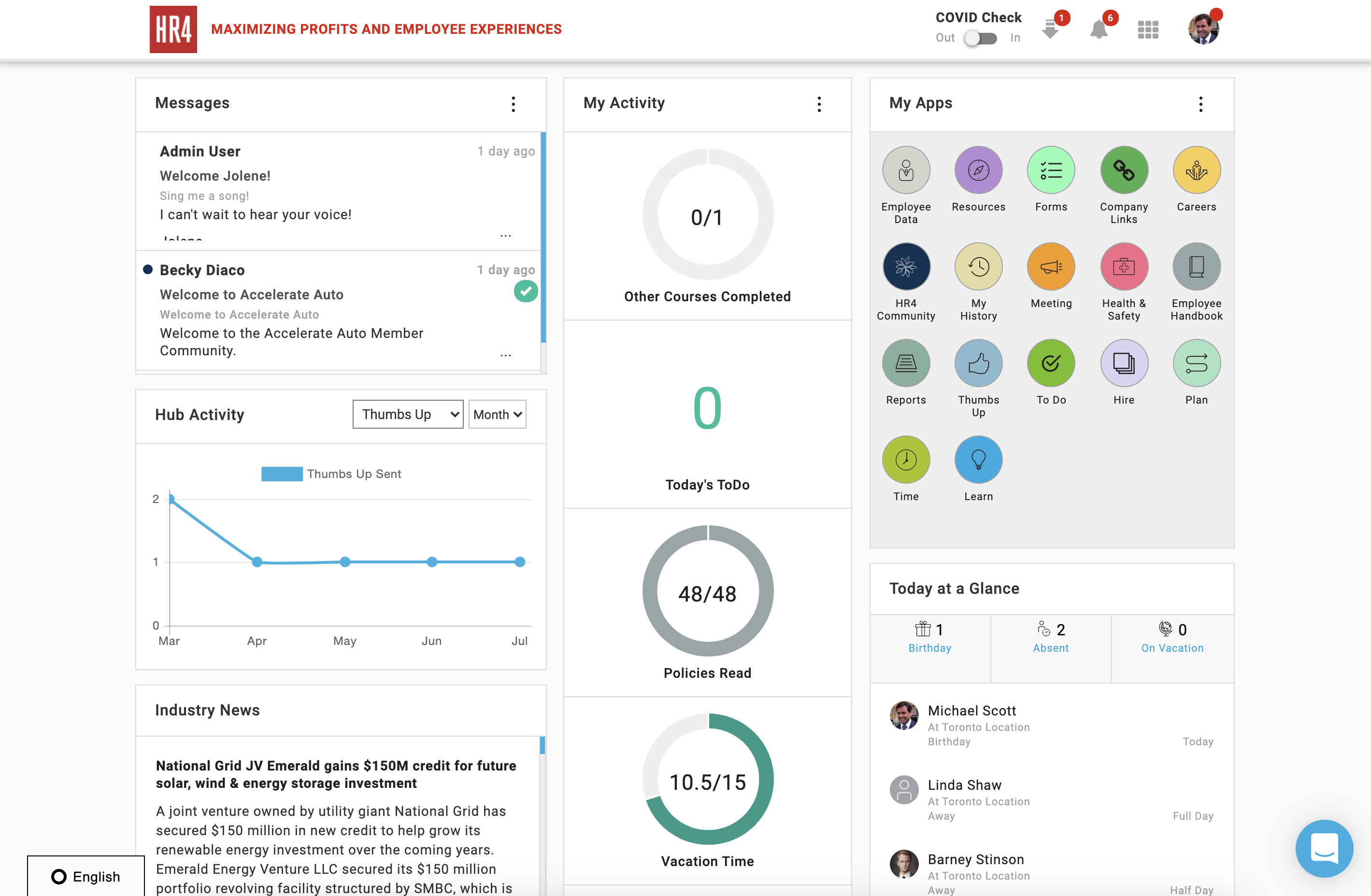 HR4 screenshot: HR4 Dashboard: Tiles to easily access all of your apps. Custom with helpful messages, data and informations.