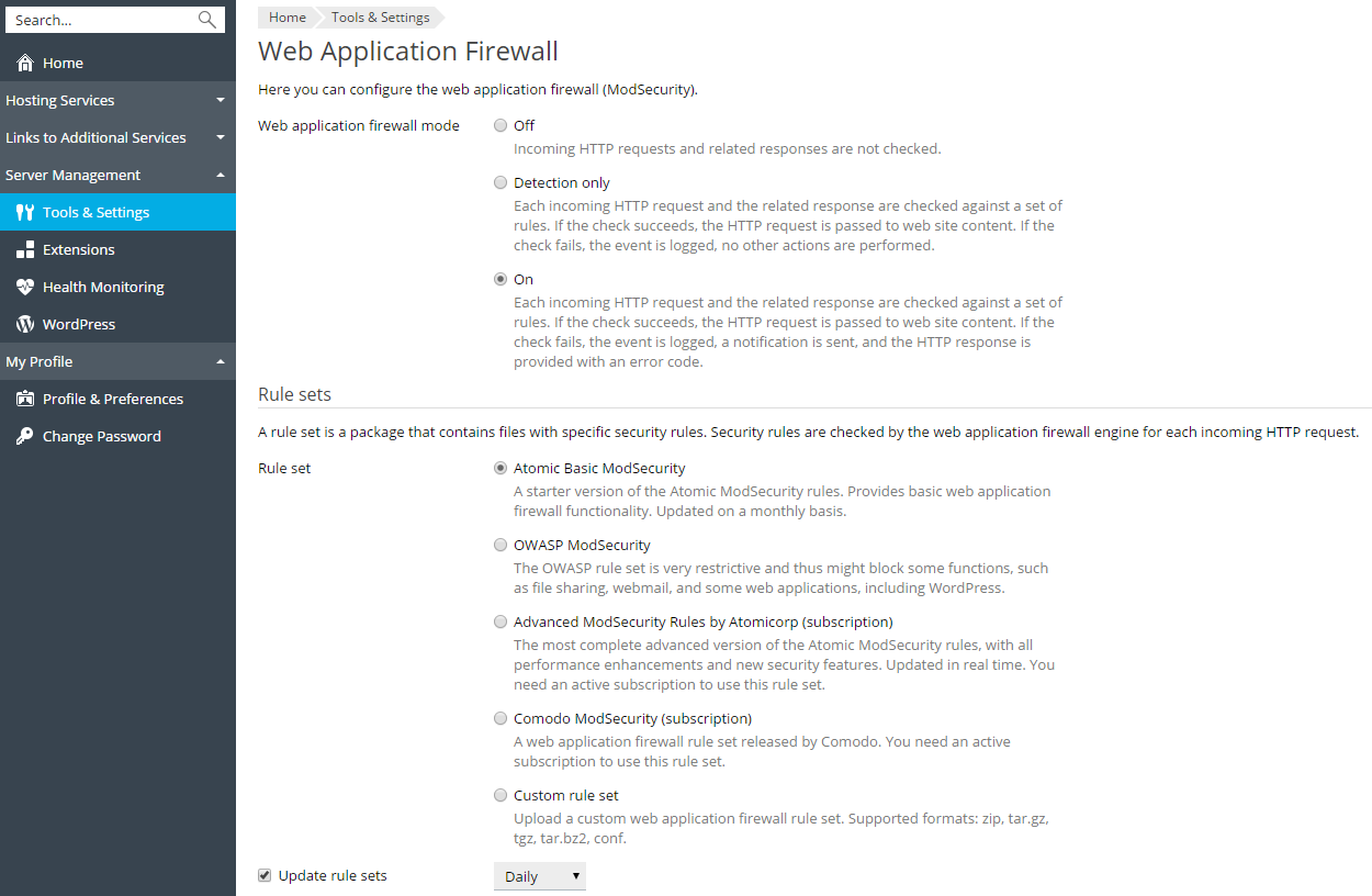 Atomic ModSecurity Rules screenshot: Atomic ModSecurity Rules settings