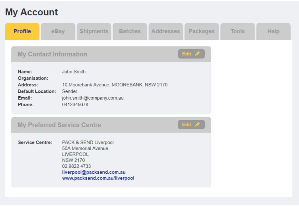 PACK & SEND Live screenshot: PACK & SEND Live account details