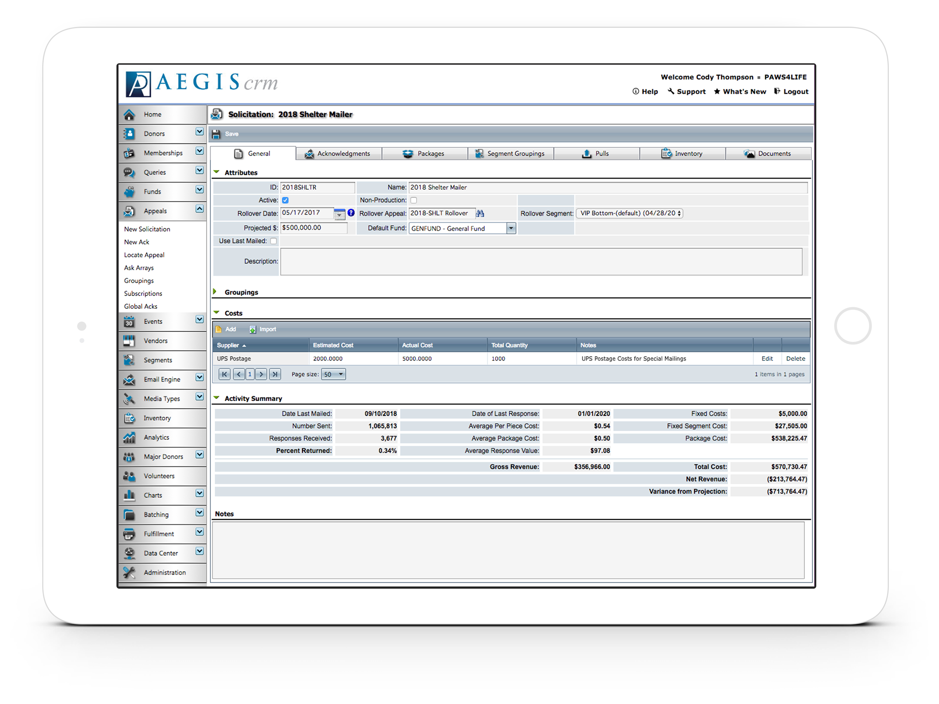 Aegis CRM screenshot: Aegis CRM appeals page