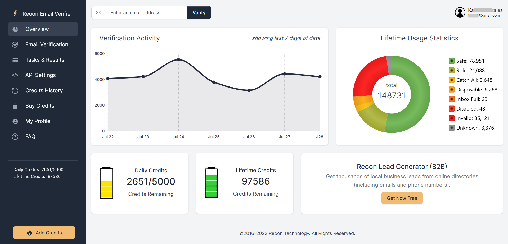 This is the dashboard where a user can find the usage details and analytics of his account. Simple and attrictrive design allows an user to check most of the things in shortest time.