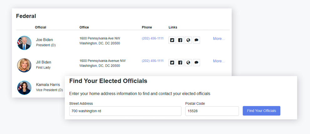 Create a basic, easy-to-use experience for your supporters to look up all their local, state, and federal elected officials. 