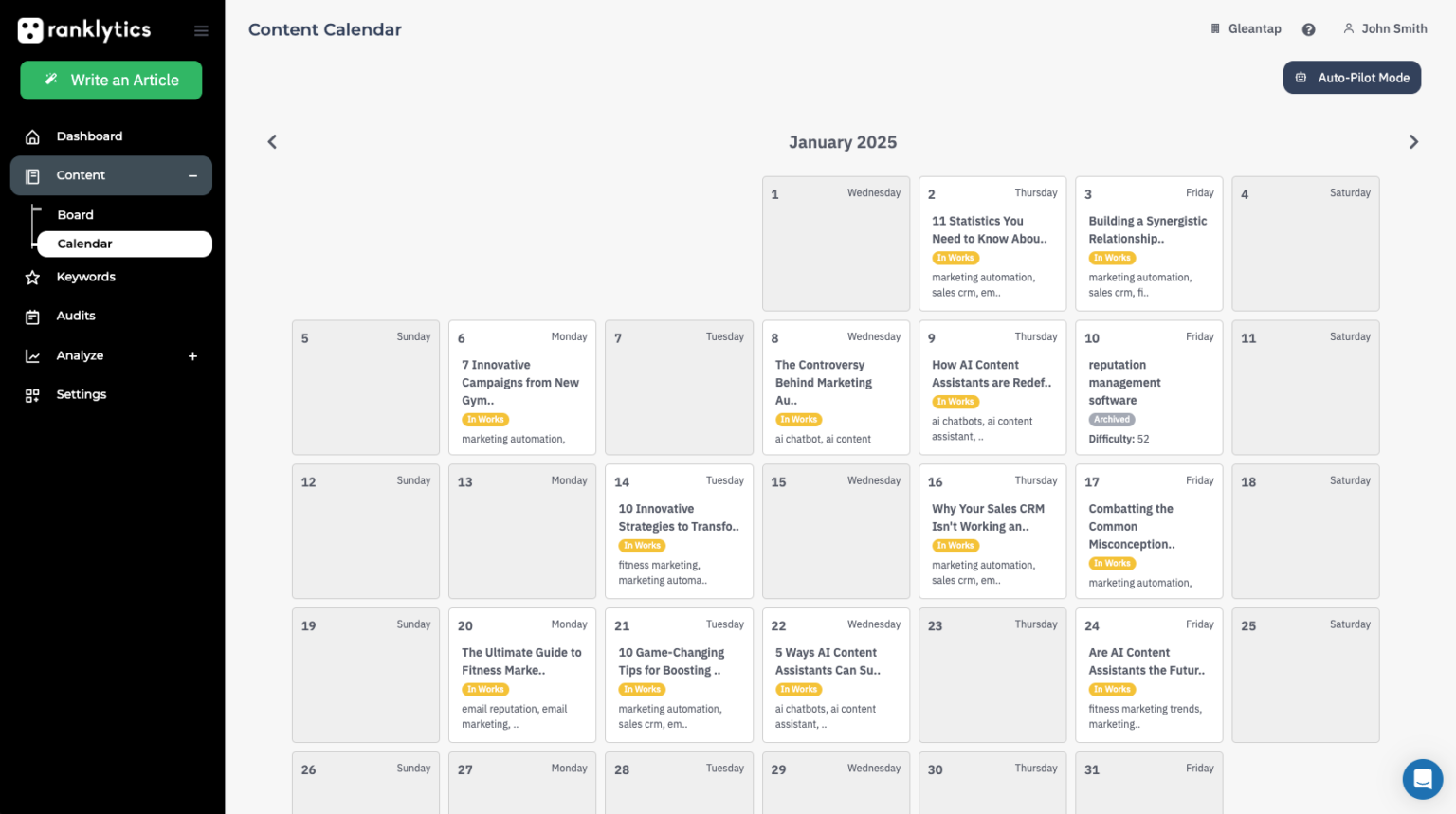 Ranklytics screenshot: Ranklytics calendar