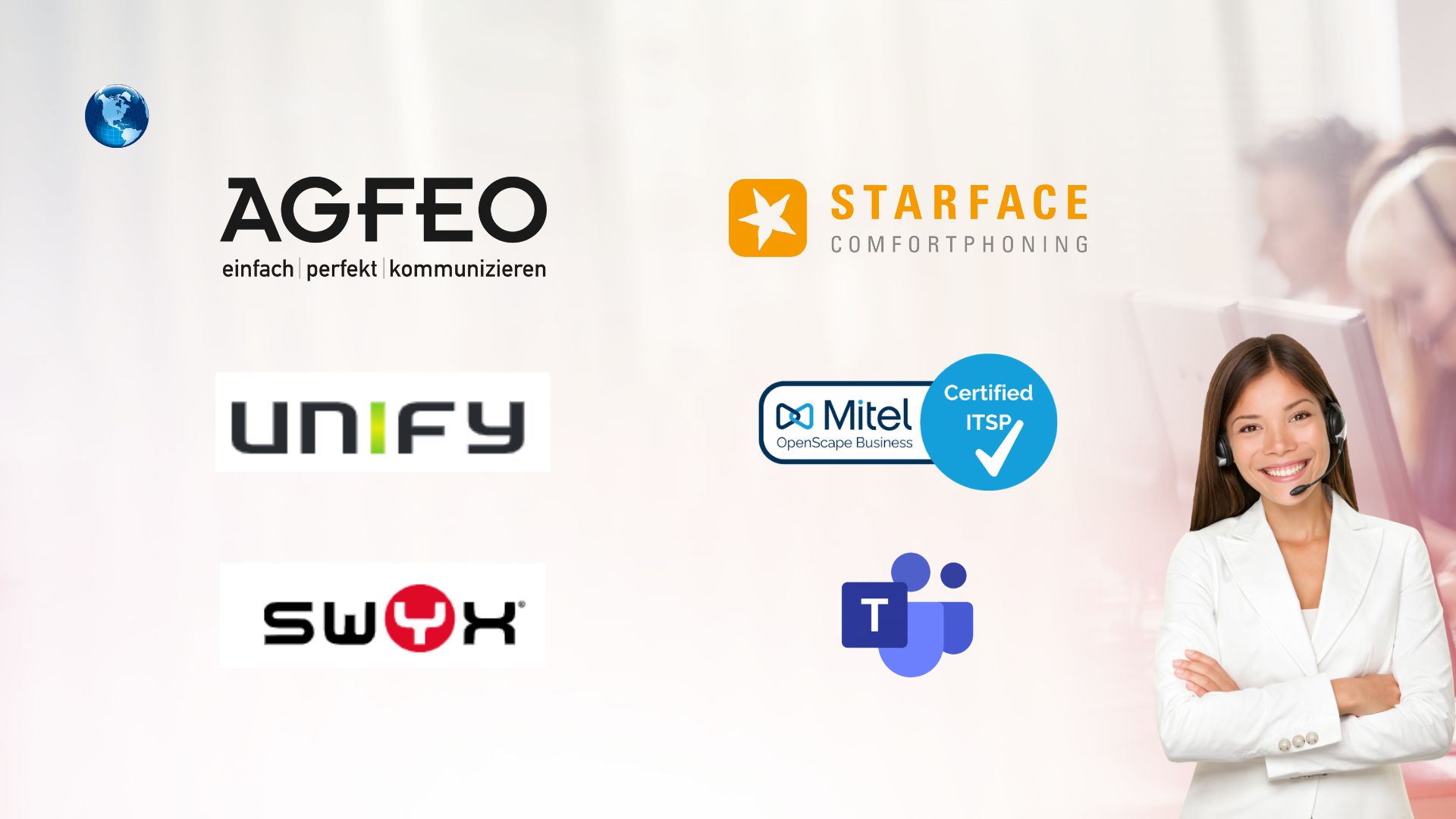 SIP-Trunk Software - Certified integrations with leading IP-PBX platforms: AGFEO, Starface, Unify, Mitel, Swyx, and Microsoft Teams. Connect your existing phone system to the world with Virtual-Call.