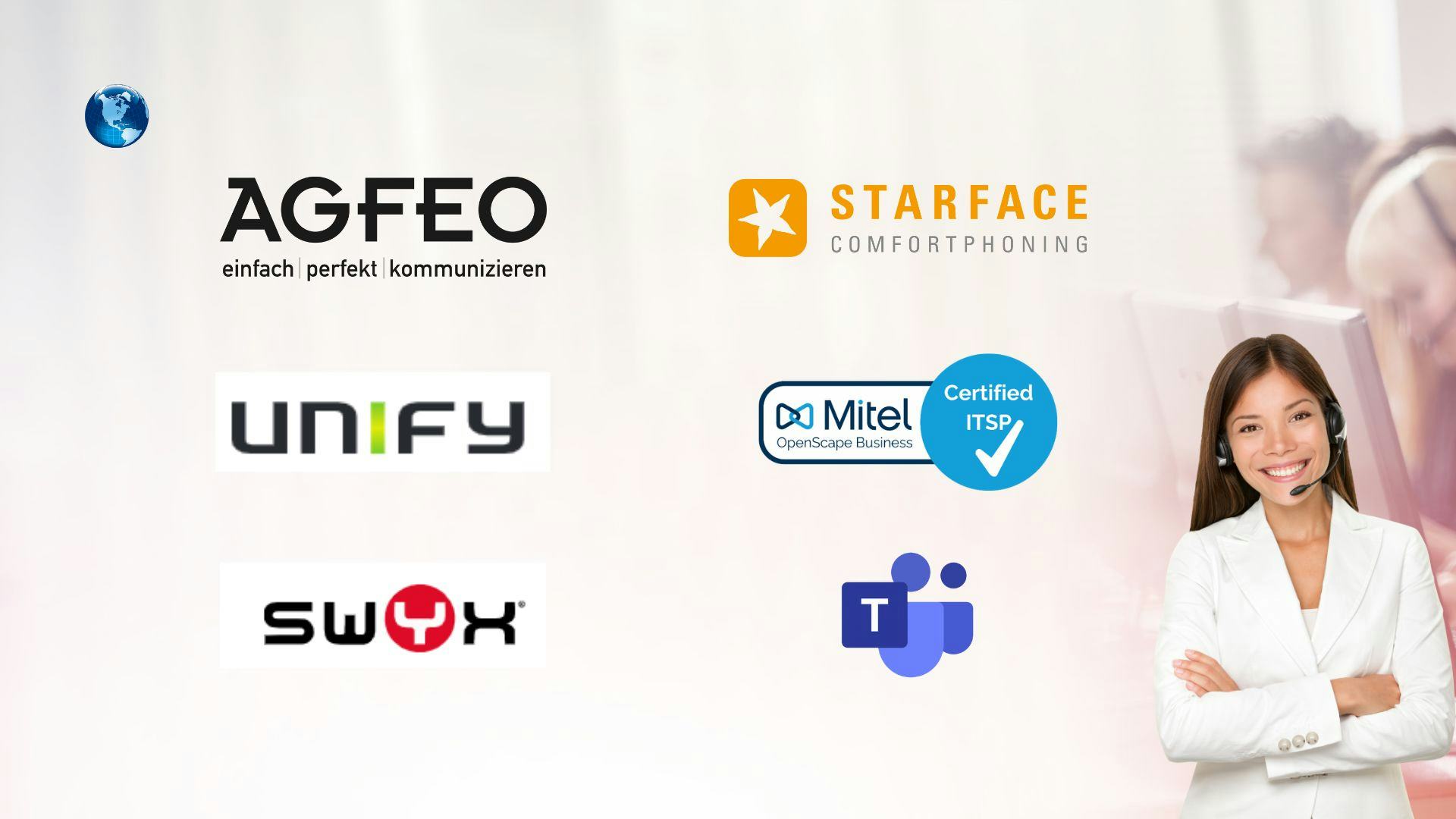 SIP-Trunk Software - Certified integrations with leading IP-PBX platforms: AGFEO, Starface, Unify, Mitel, Swyx, and Microsoft Teams. Connect your existing phone system to the world with Virtual-Call.