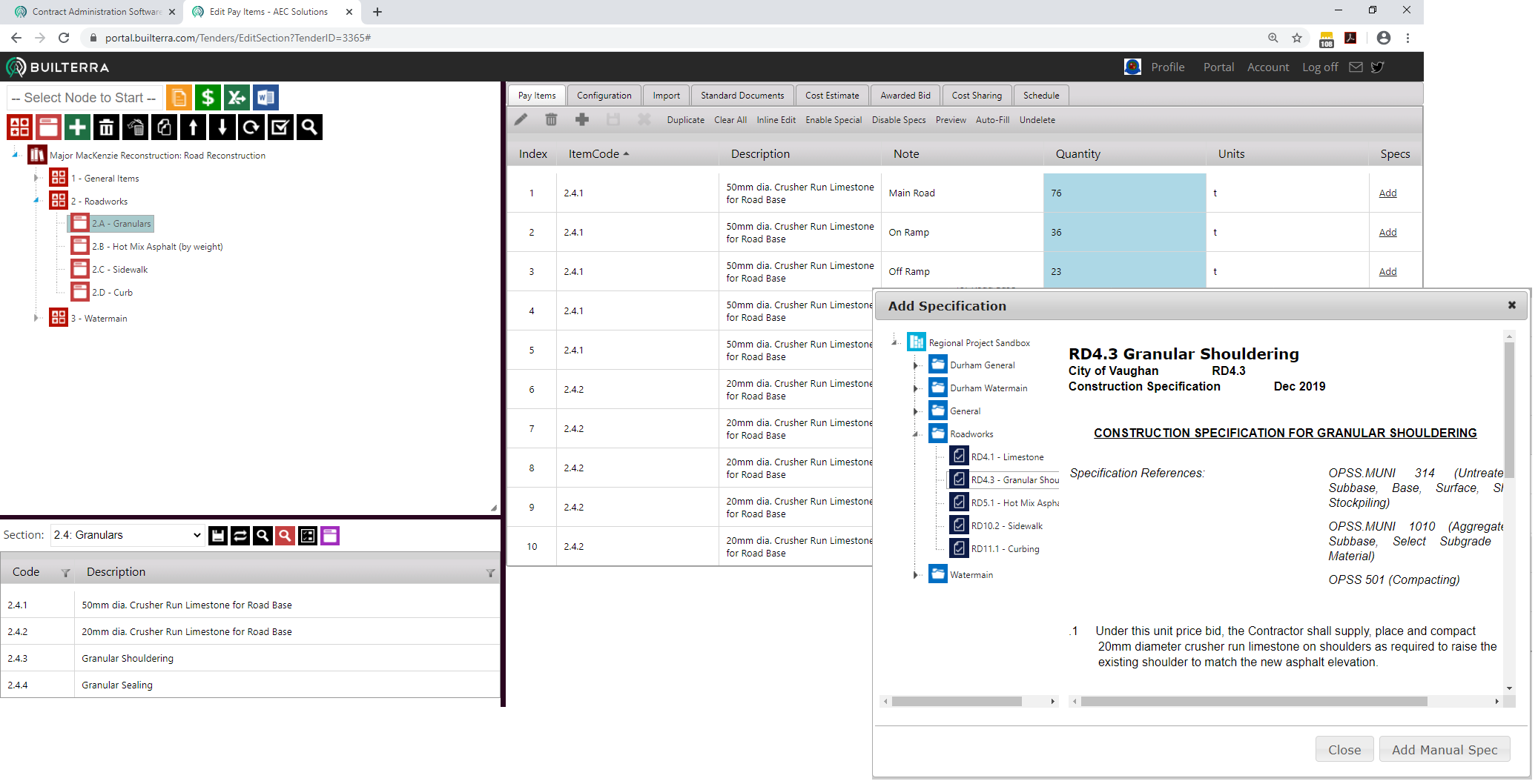 Builterra Software - Bid Table Preparation with Attached Specifications