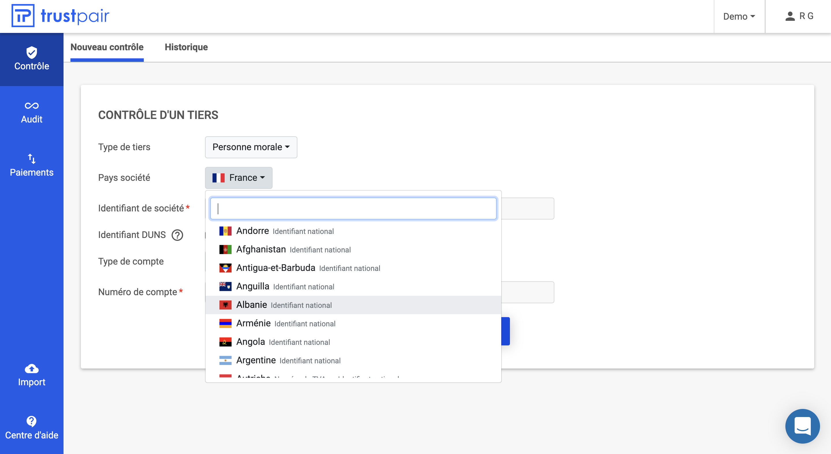 Trustpair  screenshot: To ensure the security of the entire payment chain, Trustpair allows you to check in seconds the Business ID <> Bank Account pairing at an international scale, and keep track of the checks.