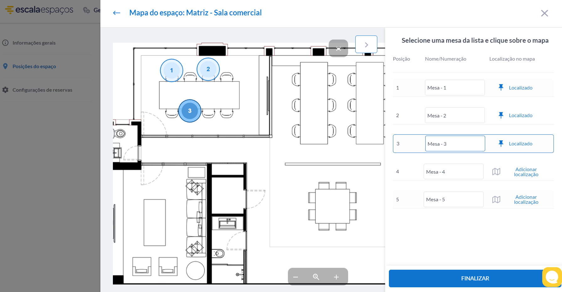 Escala Espaços screenshot: Reservation of positions with map