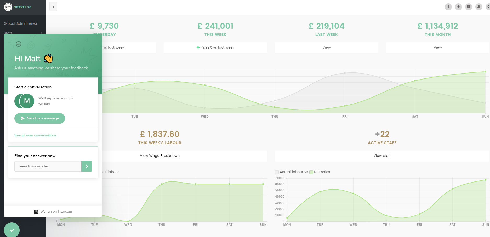 Opsyte screenshot: Dashboard and live support