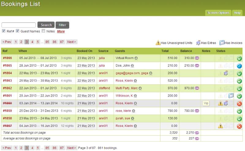 iBex PMS Software - A Bookings List screen shows search and filter buttons, booking records by reference number, and guest names