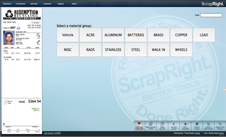 ScrapRight screenshot: ScrapRight's Ticketing Screen UI showing selection buttons for picking a desired material group