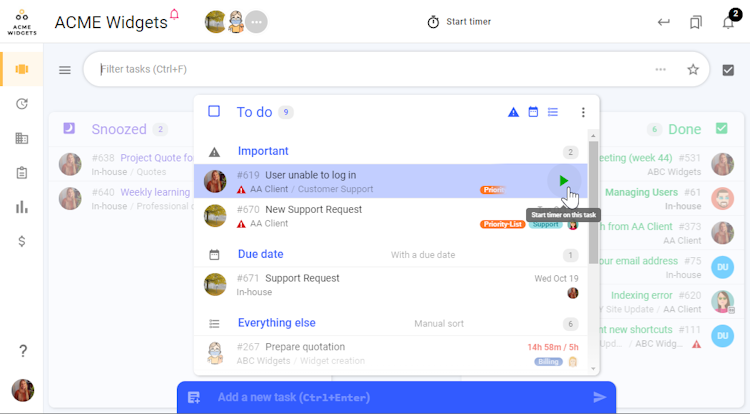 todo.vu screenshot: todo.vu’s Kanban-style task management dashboard, where tasks are visually categorised into three workflow states, enabling a flexible, efficient method of organising, managing and collaborating on tasks. Users can track their time directly on any task.