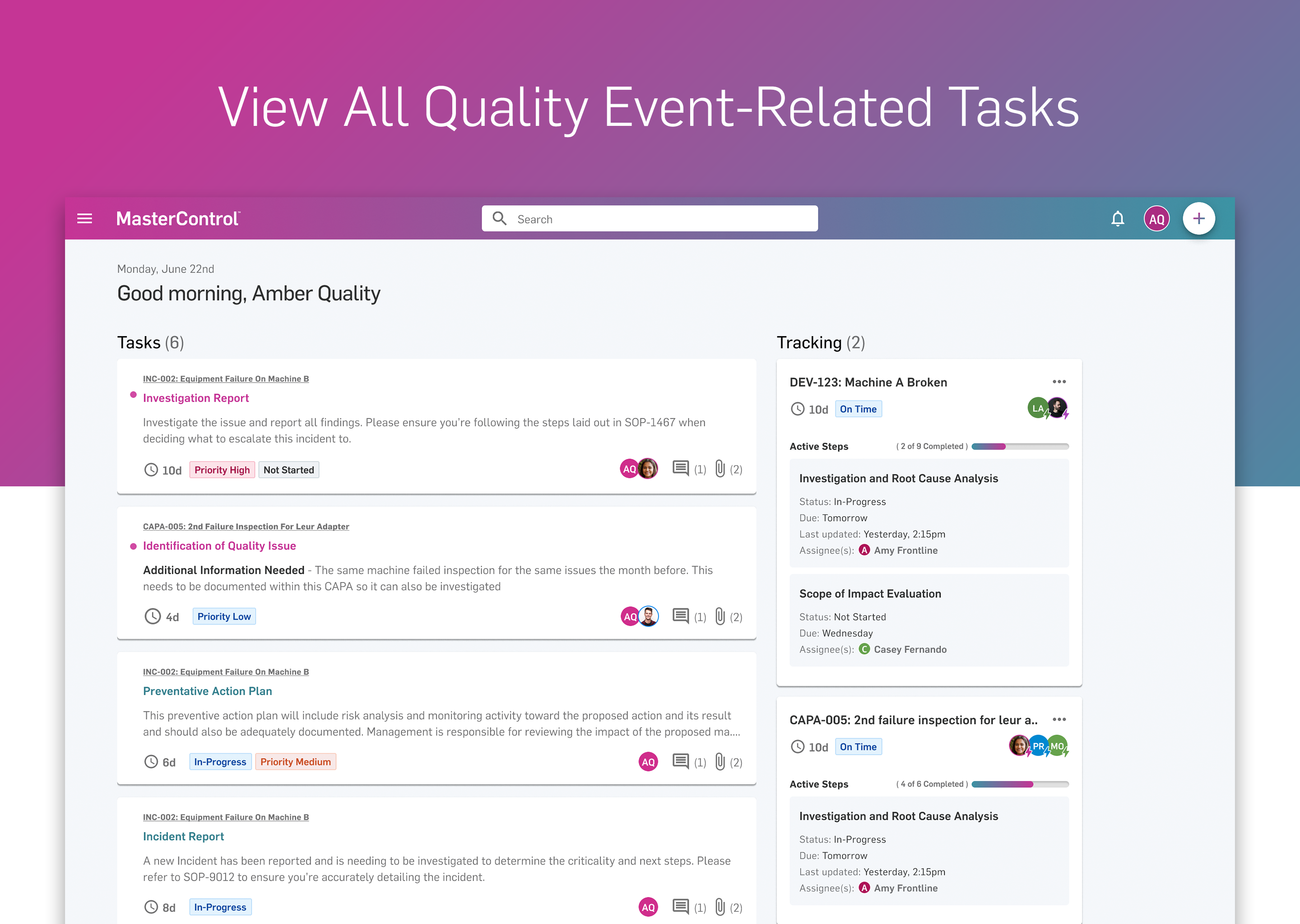 MasterControl Quality Excellence Software - Quality Event Related Tasks