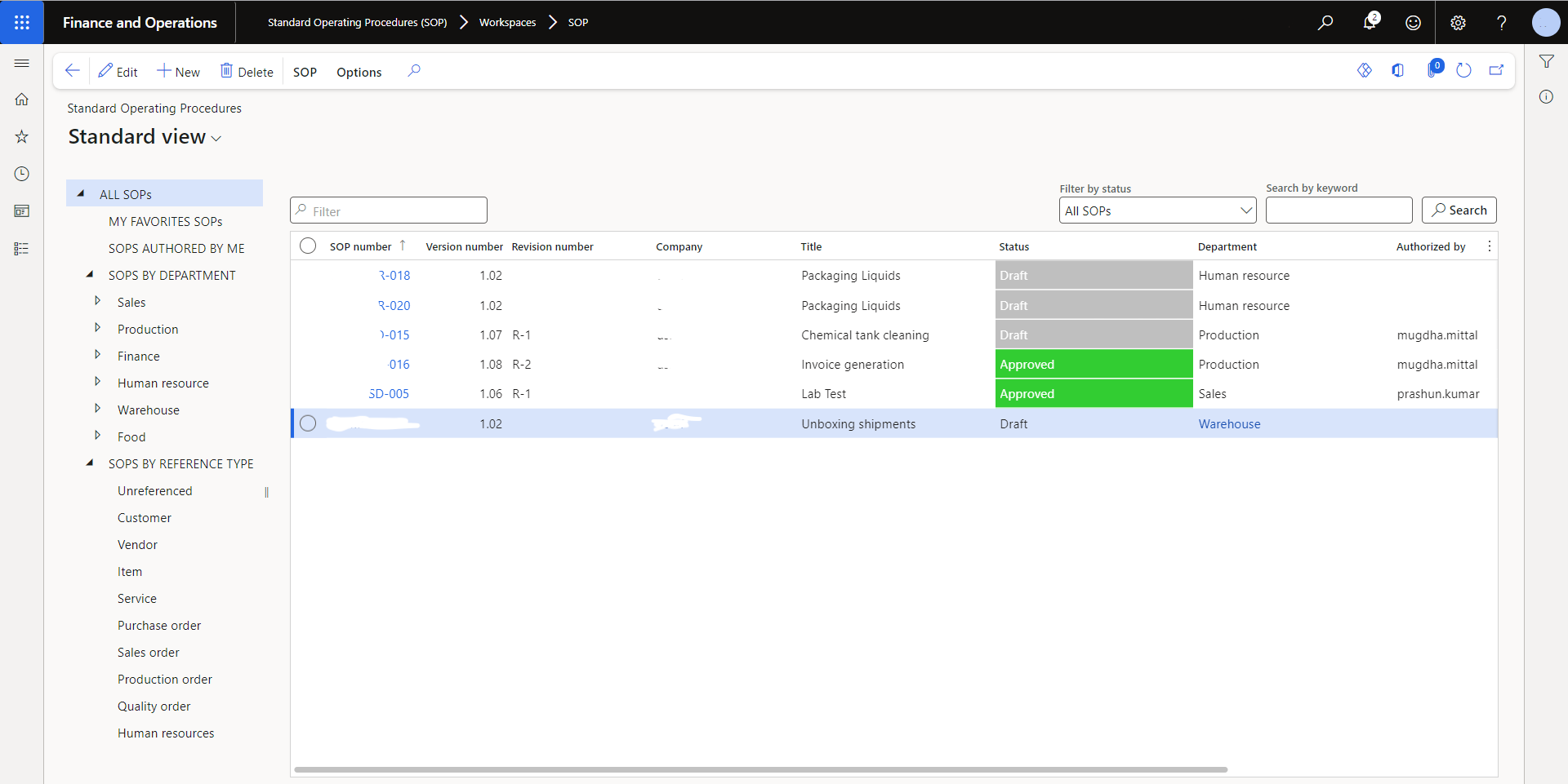 Integrated SOP Management (SOP) Software - iSM - All SOPs listing screen