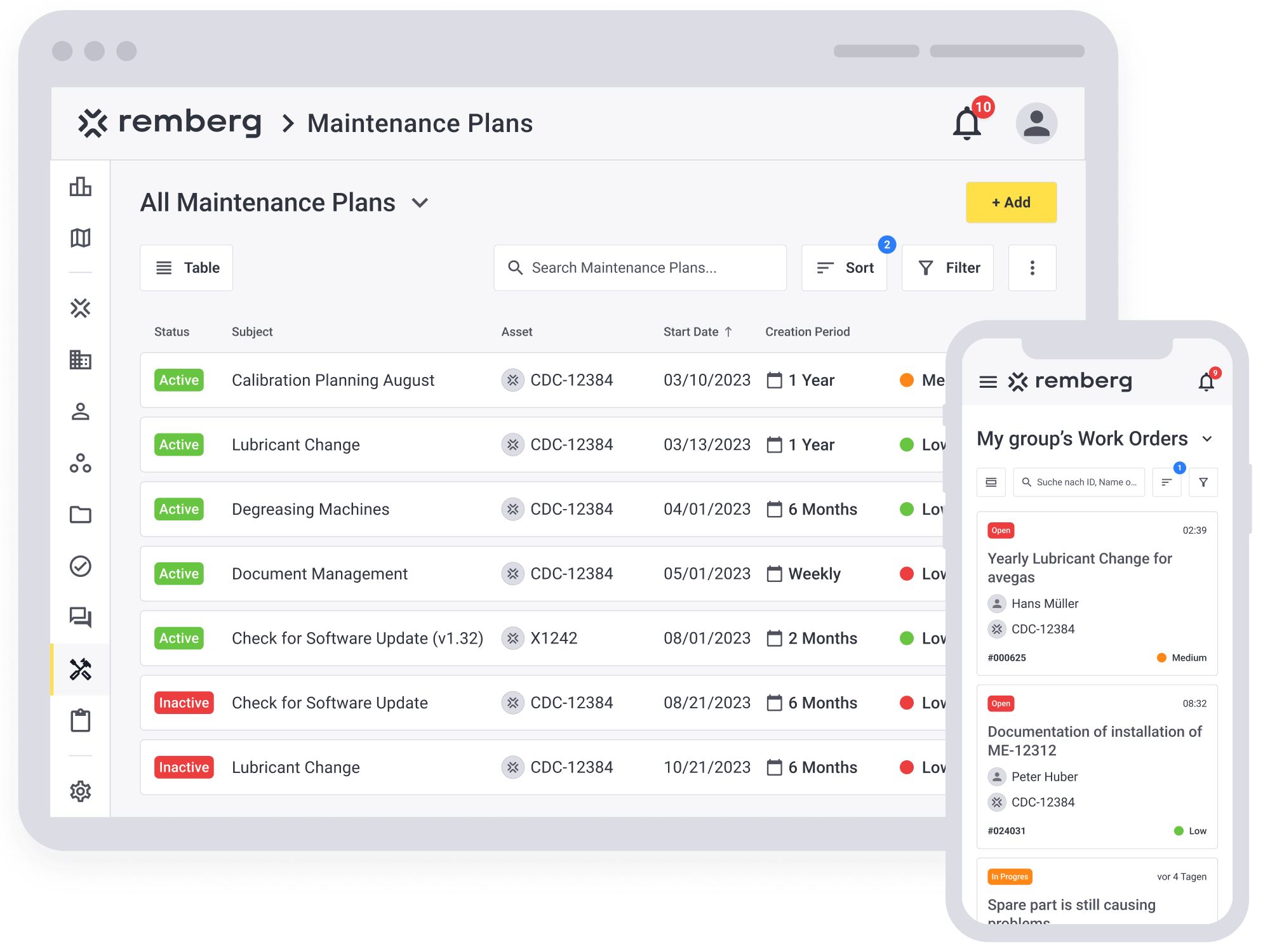 remberg Software - Finally break free from firefighting mode: systematically plan your maintenance tasks, create work orders with just one click – the remberg maintenance software triggers them automatically at the right time and sends them to the right people.