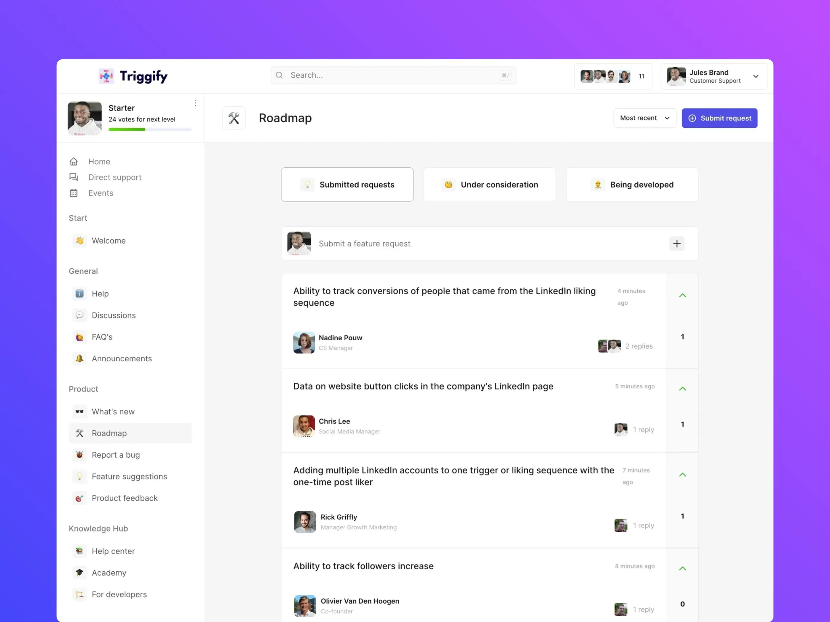 Feedback management channels, roadmap display, changelog, feature requesting, and bug reporting