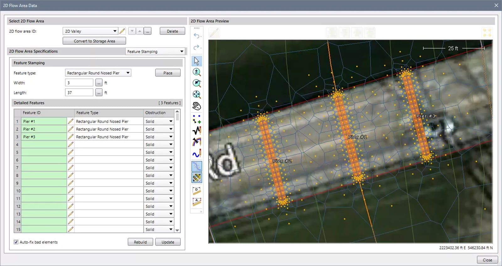Stamp bridge piers into the 2D mesh