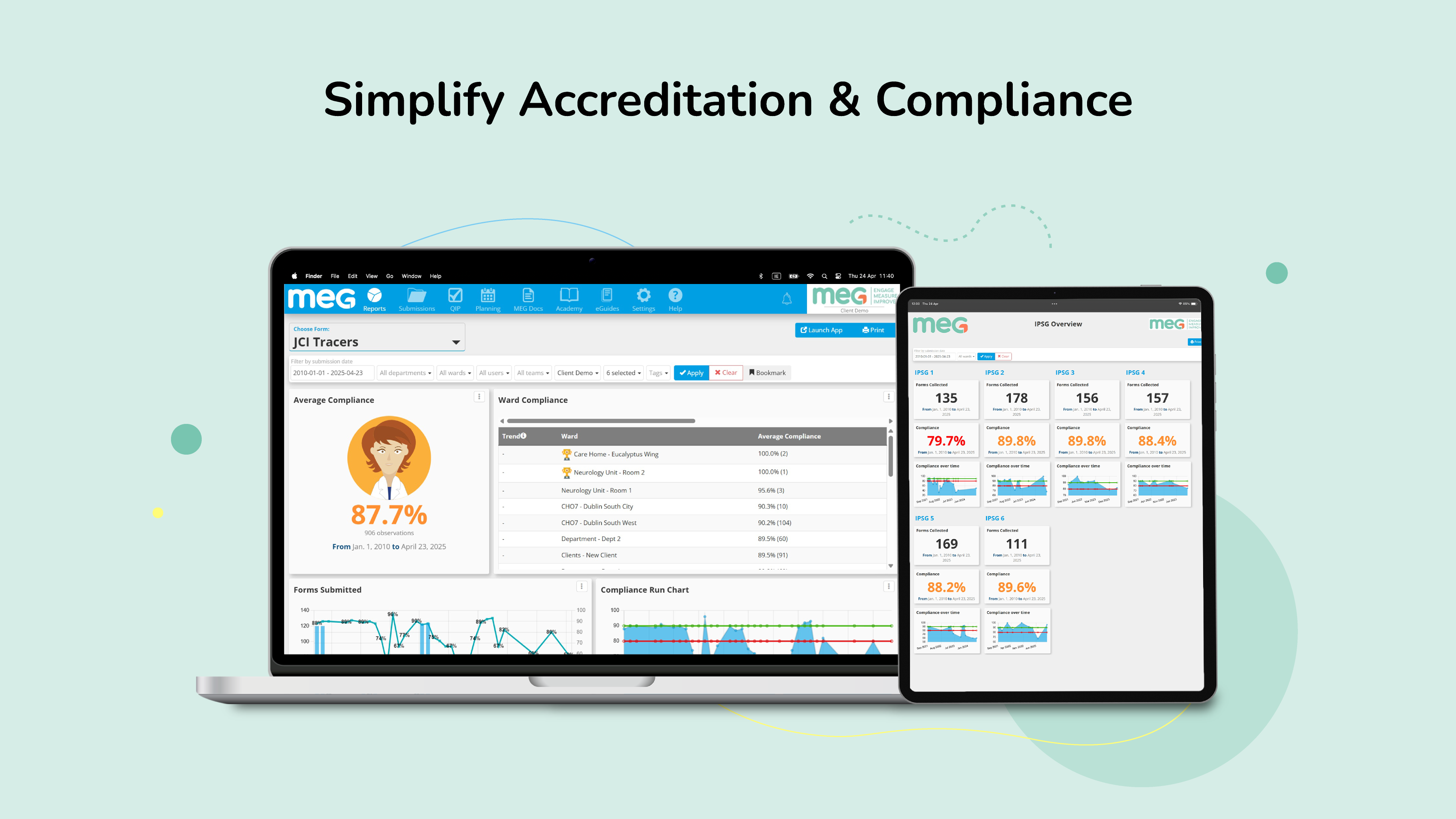 MEG Software - Accreditation Goals - Performance Dashboard: MEG’s system does all the hard work for you; get on with the more important job of assessing whether you’re still on track with KPIs, manage timely interventions and monitor the execution of improvement plans.