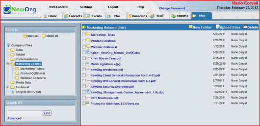 Document management supports the upload and storage of documents associated with clients, donors, vendors or activities