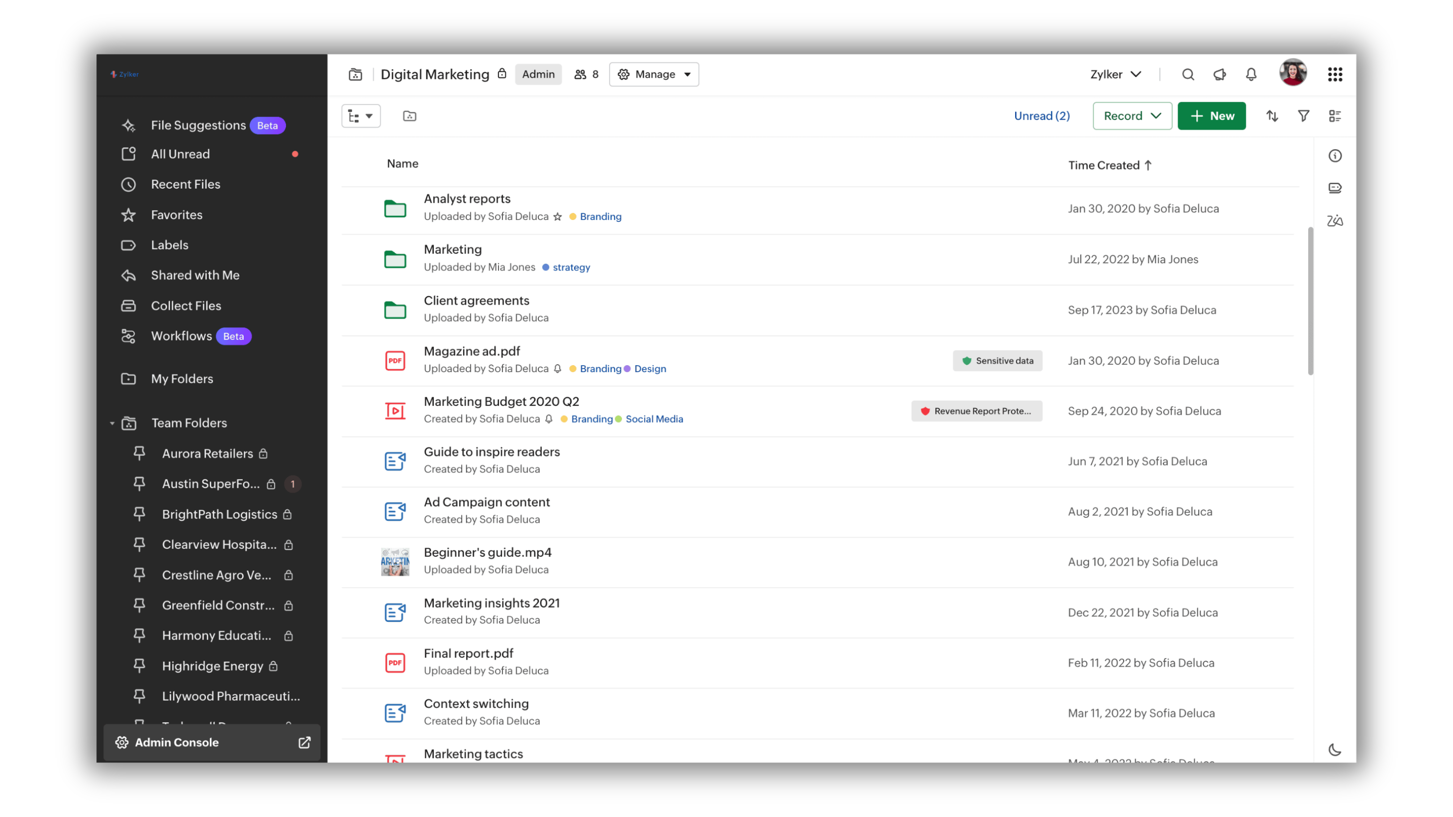 Zoho WorkDrive Software - Shared team spaces with customizable roles (Admin, Organizer, Editor, Commenter, Viewer), description notes, and centralized storage.