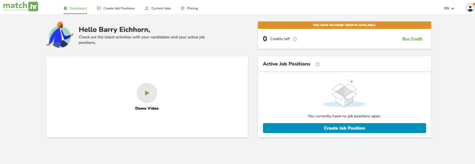 Match.hr screenshot: Dashboard Match.hr
