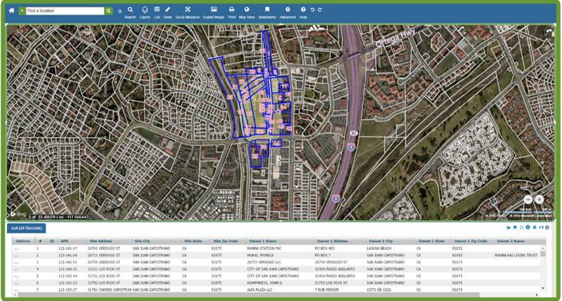 GovClarity screenshot: The mapping tools provides features including a search functionality, layers, drawing tool, bookmarking, and more