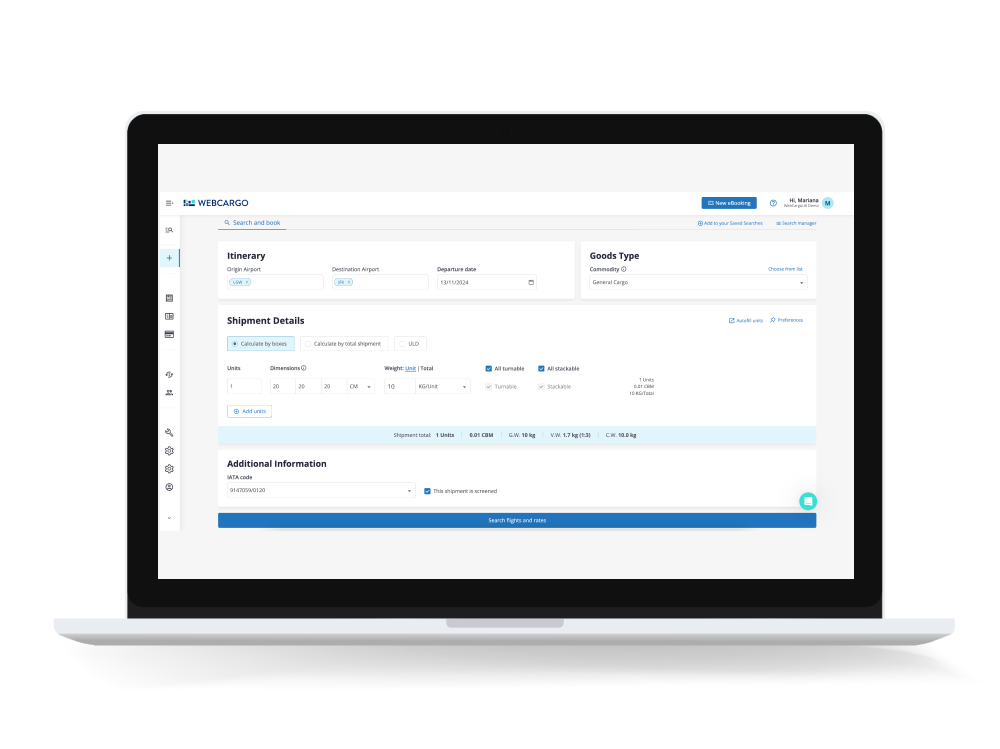 WebCargo screenshot: WebCargo Book's search Matrix. Browse airlines, departures, compare dynamic & contract rates, apply filters, and more, for faster turnaround and pricing, all delivered in real-time. 