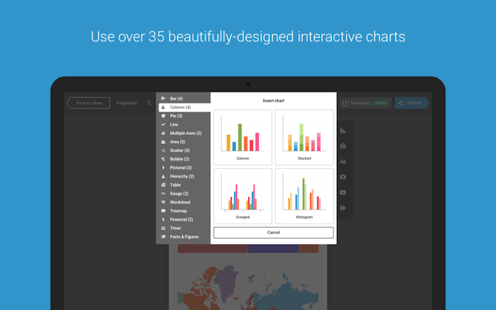 Infogram screenshot: A range of charts and maps are built in