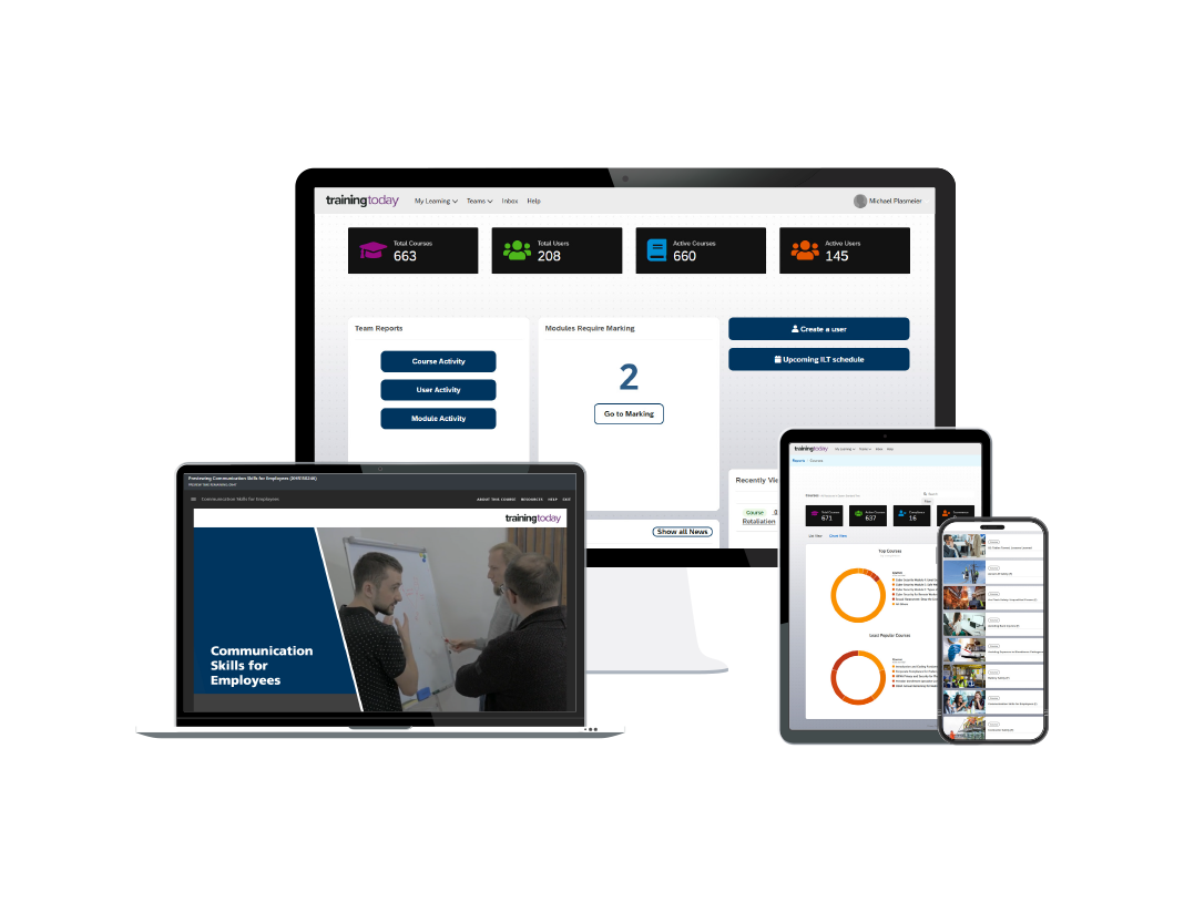 TrainingToday screenshot: Administrative dashboard, training preview, reporting, and course library sample for TrainingToday's comprehensive compliance and skill training solution. 