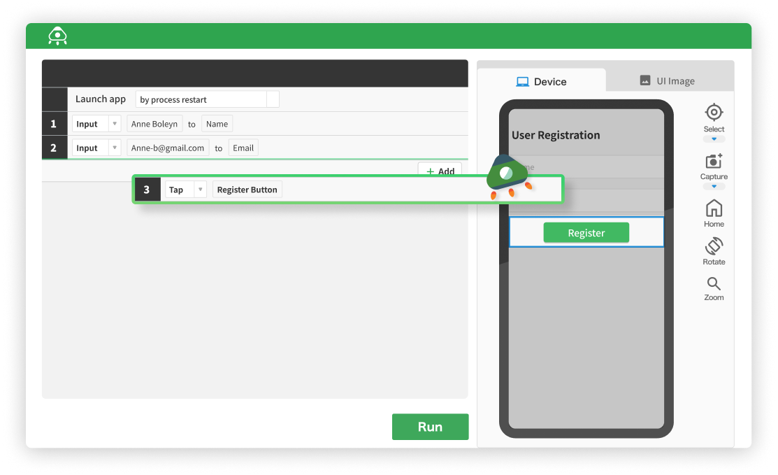 MagicPod screenshot: AI helps you create test scripts - Auto detection of items from application interface by AI engine. Simply select the items and create your script in easy English.