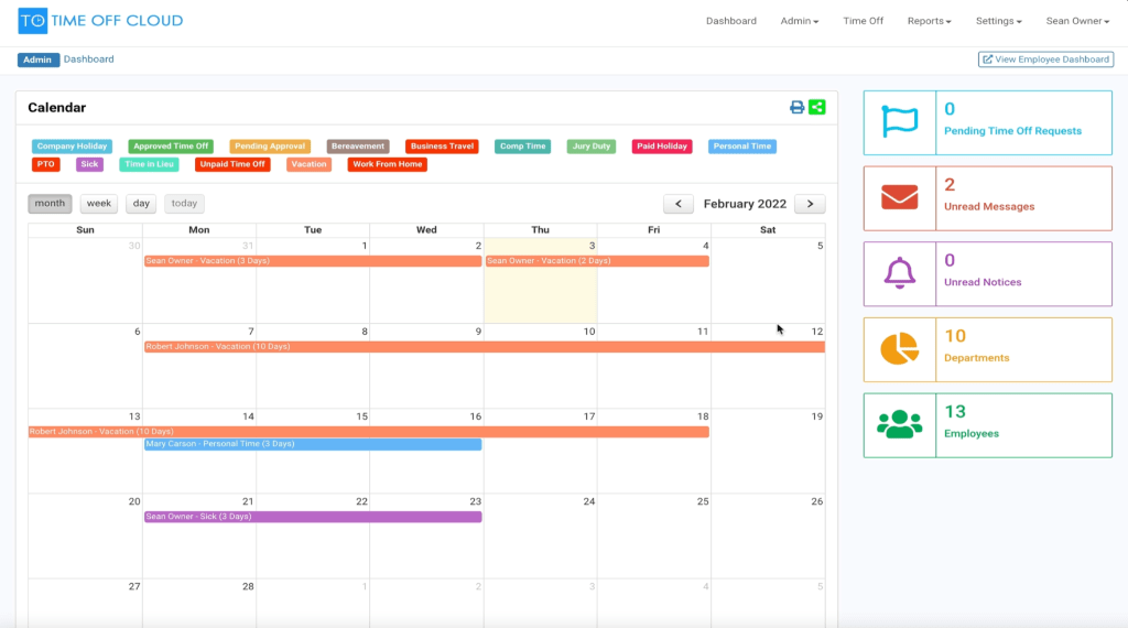 Time Off Cloud Software - Time Off Cloud Admin Dashboard