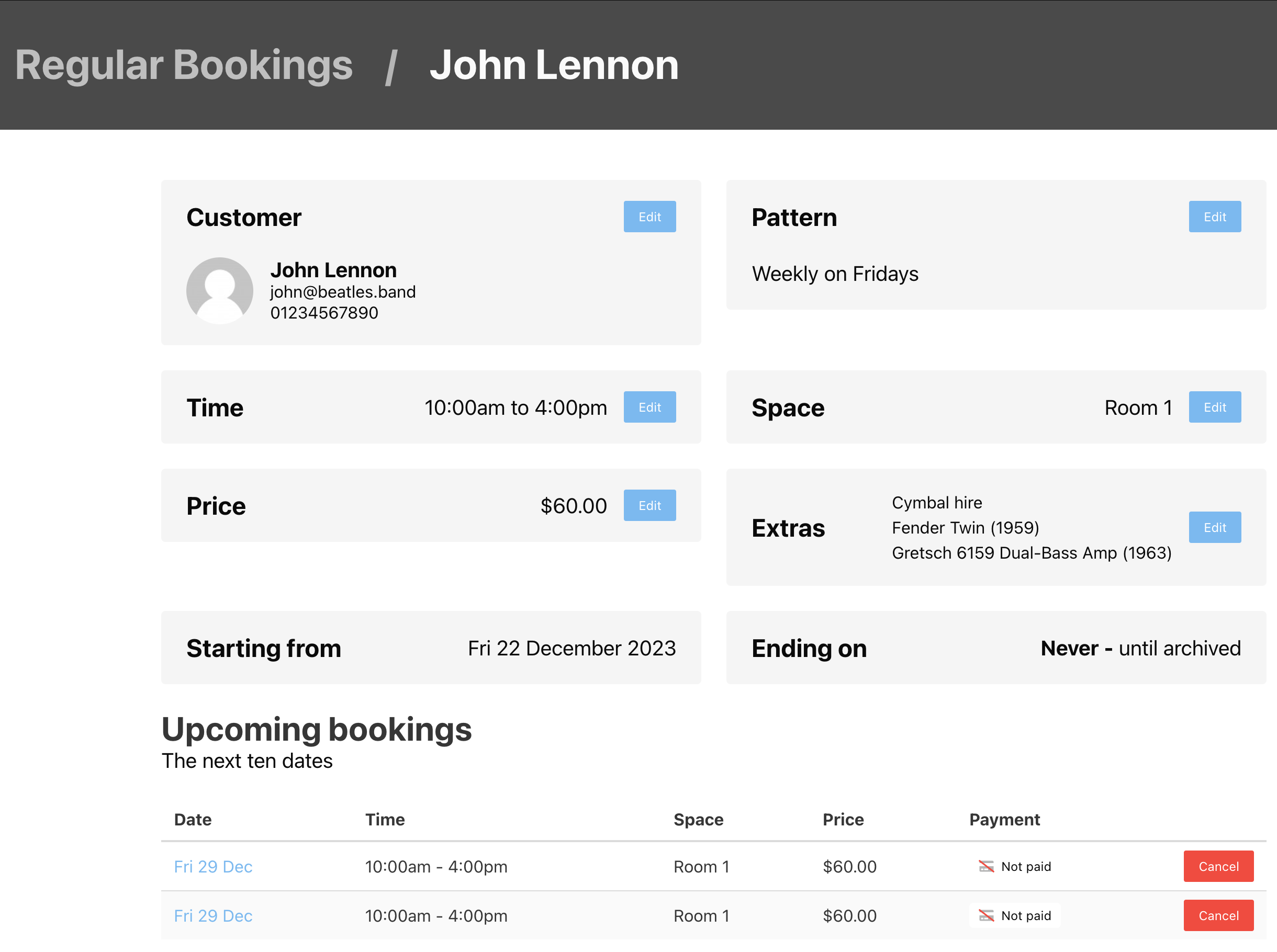 A regular booking for John Lennon - a booking at the same time for a repeating pattern (every week for example)