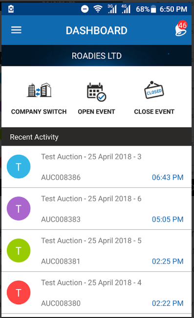 Tap2Trade  screenshot: The dashboard displays recent auction activity