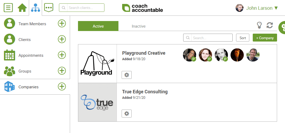 CoachAccountable Software - For corporate coaches, manage companies that you coach, allow specific limited access for personnel at those companies, and easily invoice the proper party at the organization.