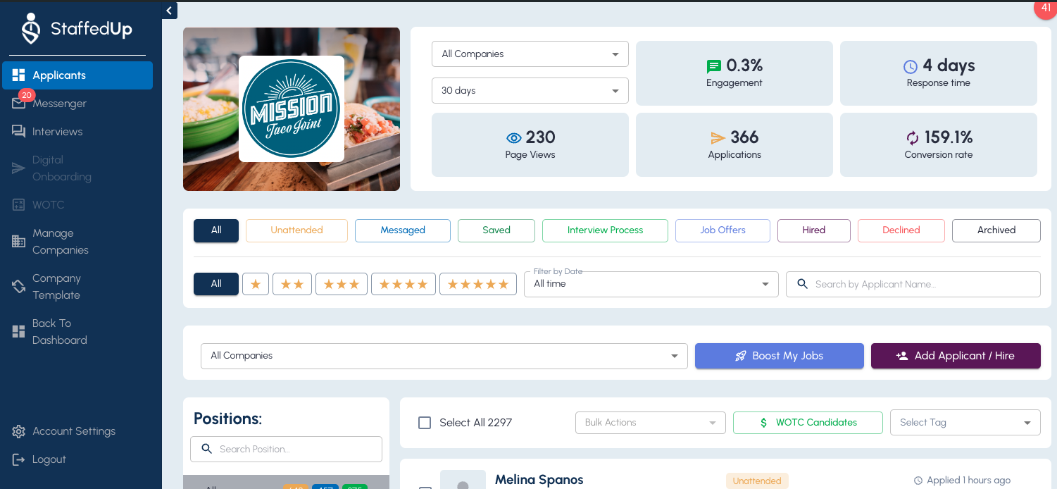 StaffedUp screenshot: Employer Recruiting Enterprise Dashboard