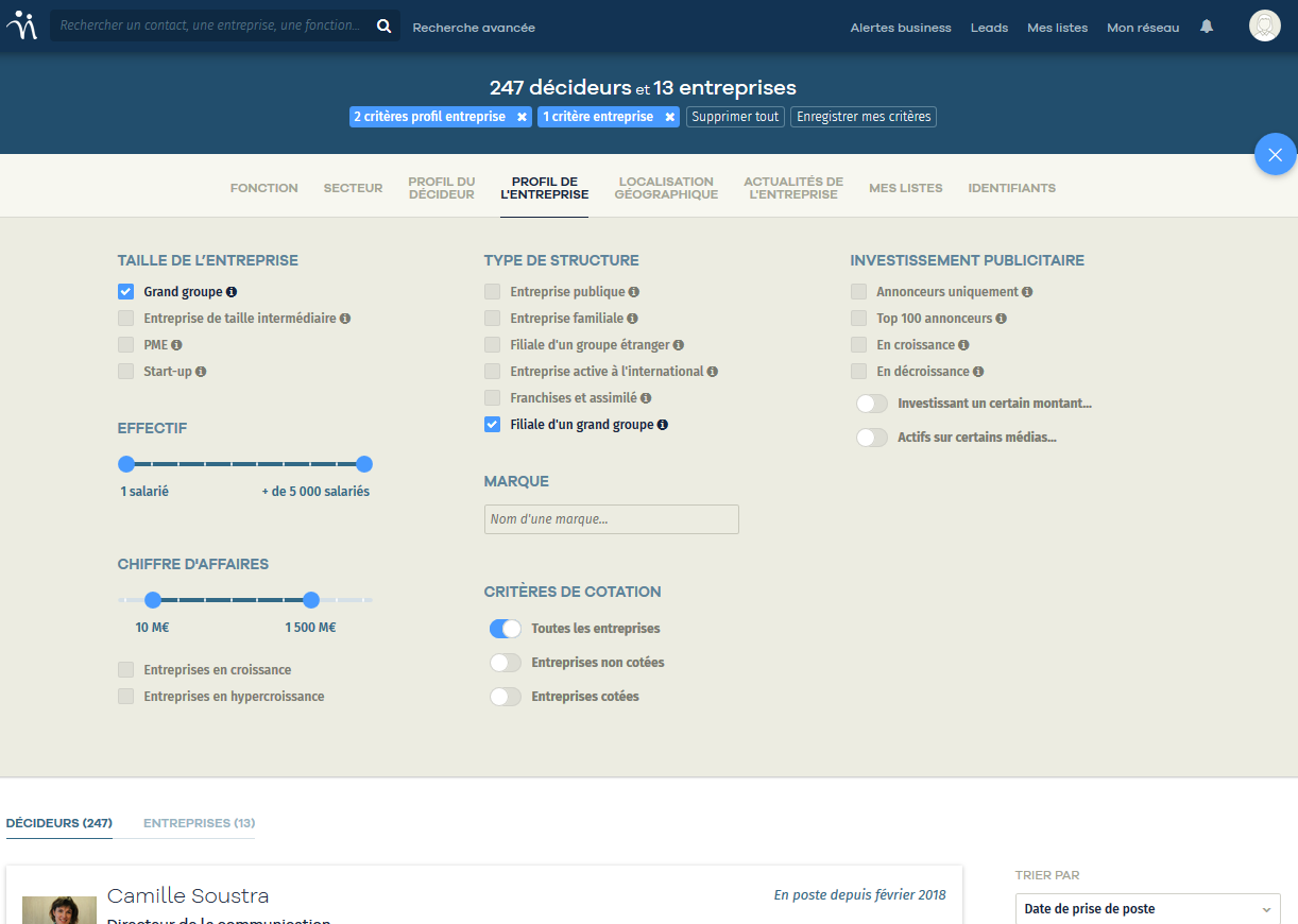 Nomination screenshot: Nomination segmentation criteria