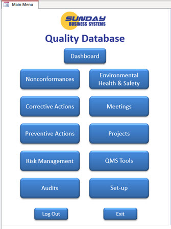 SBS Quality Database main menu showing key features