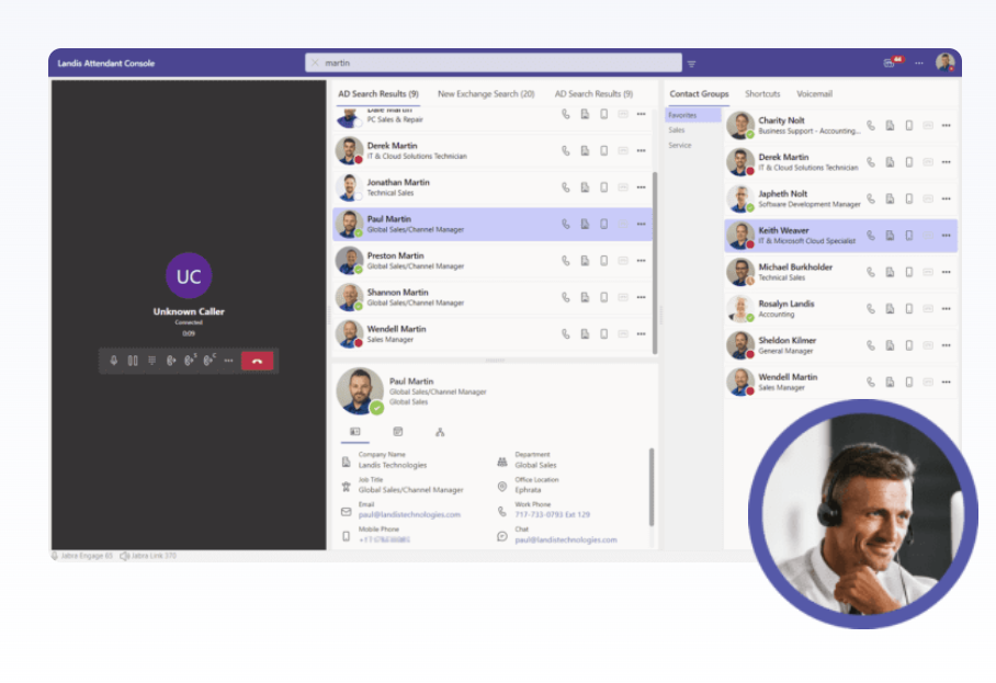 Landis Attendant Console screenshot: Landis Attendant Console home screen showing contact groups and incoming call. 