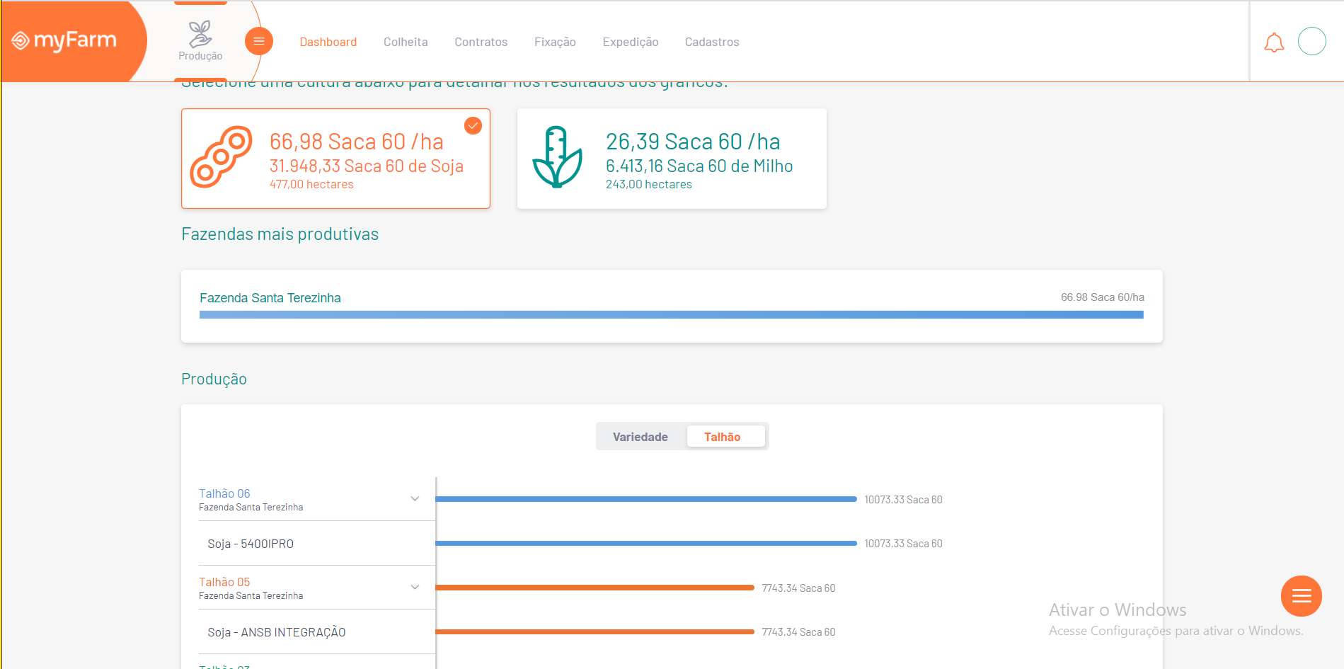 MyFarm Software - Produção e produtividade por cultura, comparativo por talhão e variedade.