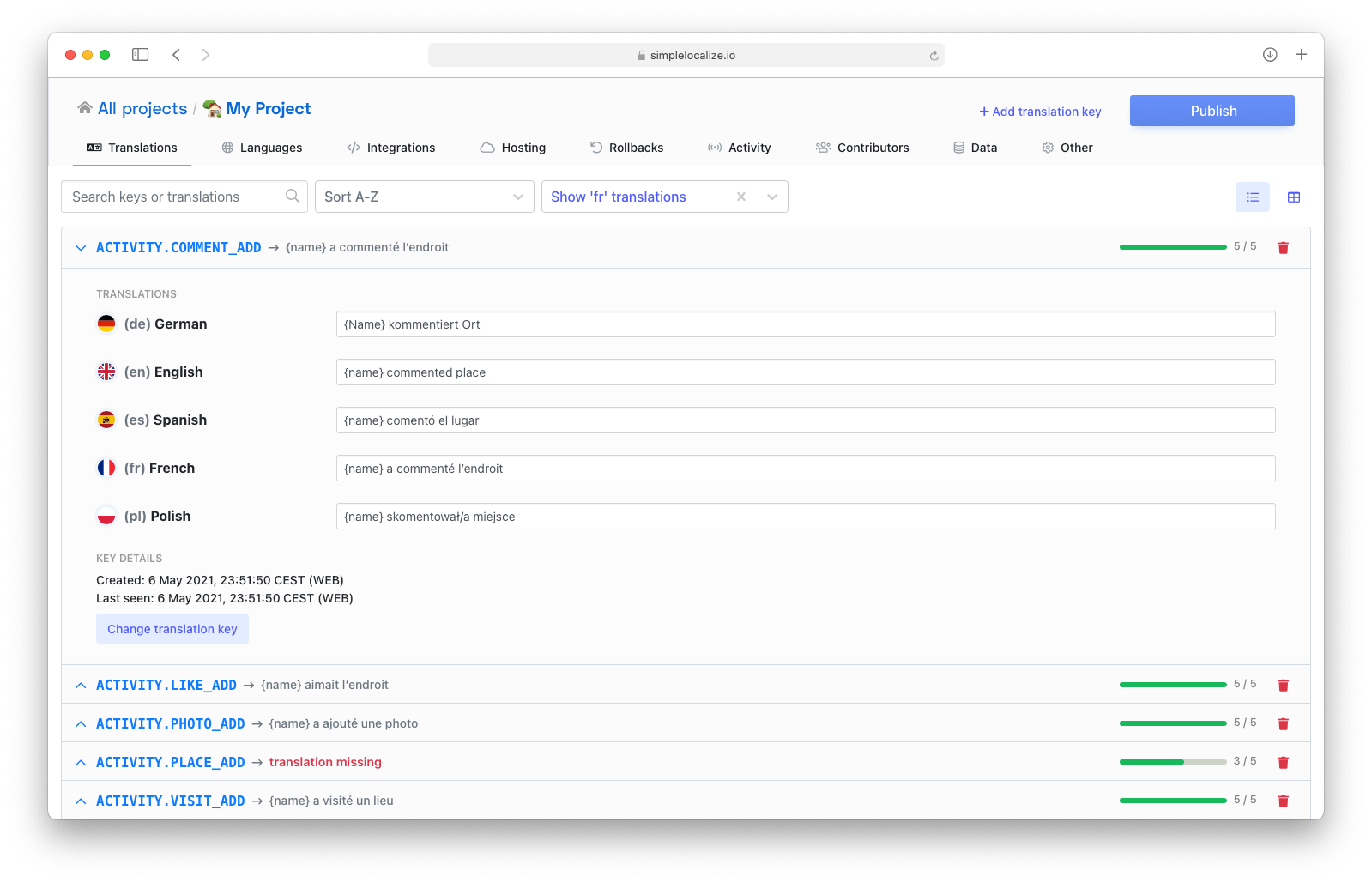 SimpleLocalize screenshot: Cloud translation editor