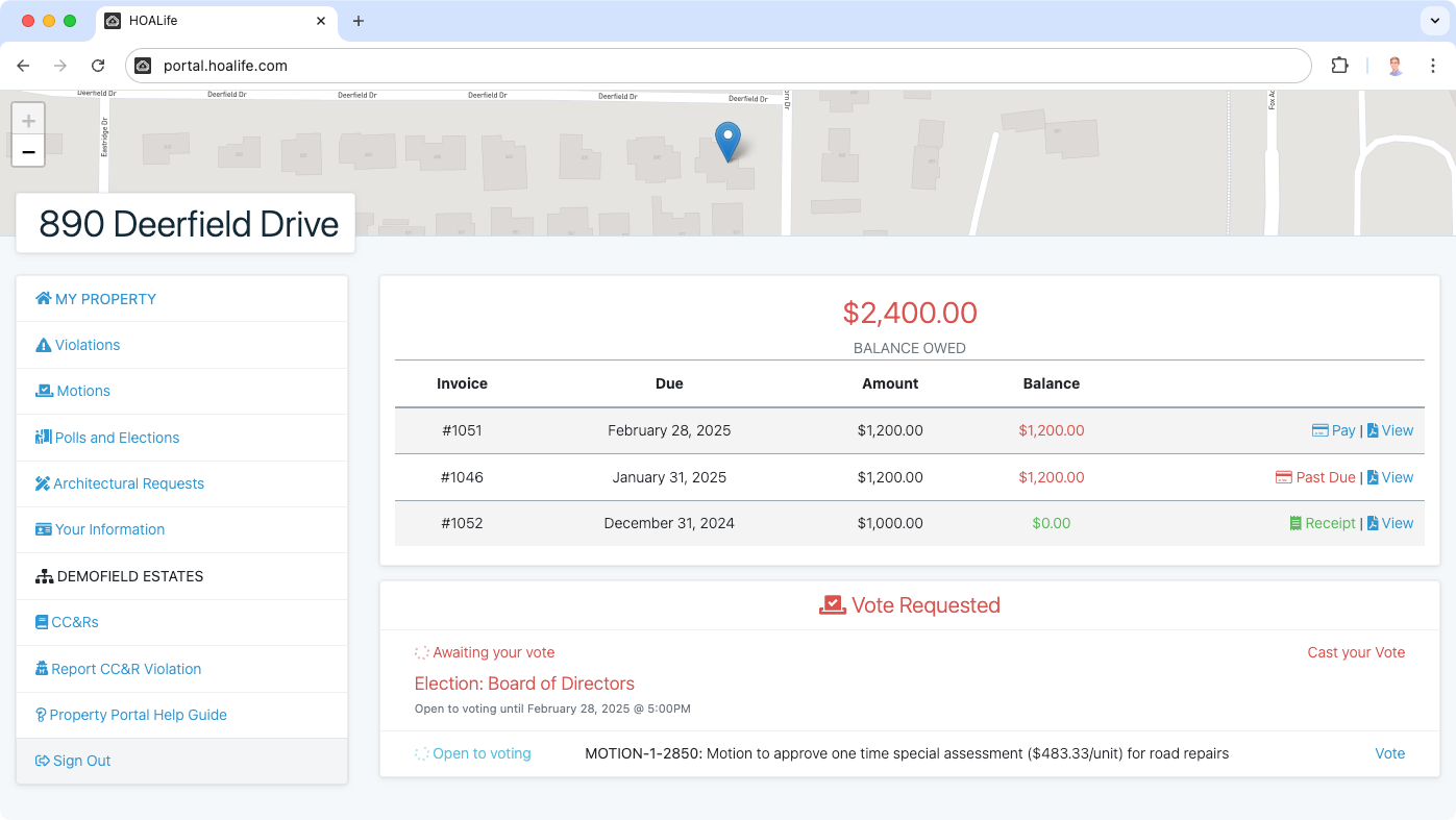 HOALife screenshot: Homeowner portal. Dues payments, voting, and ACC, Violations, and Communications