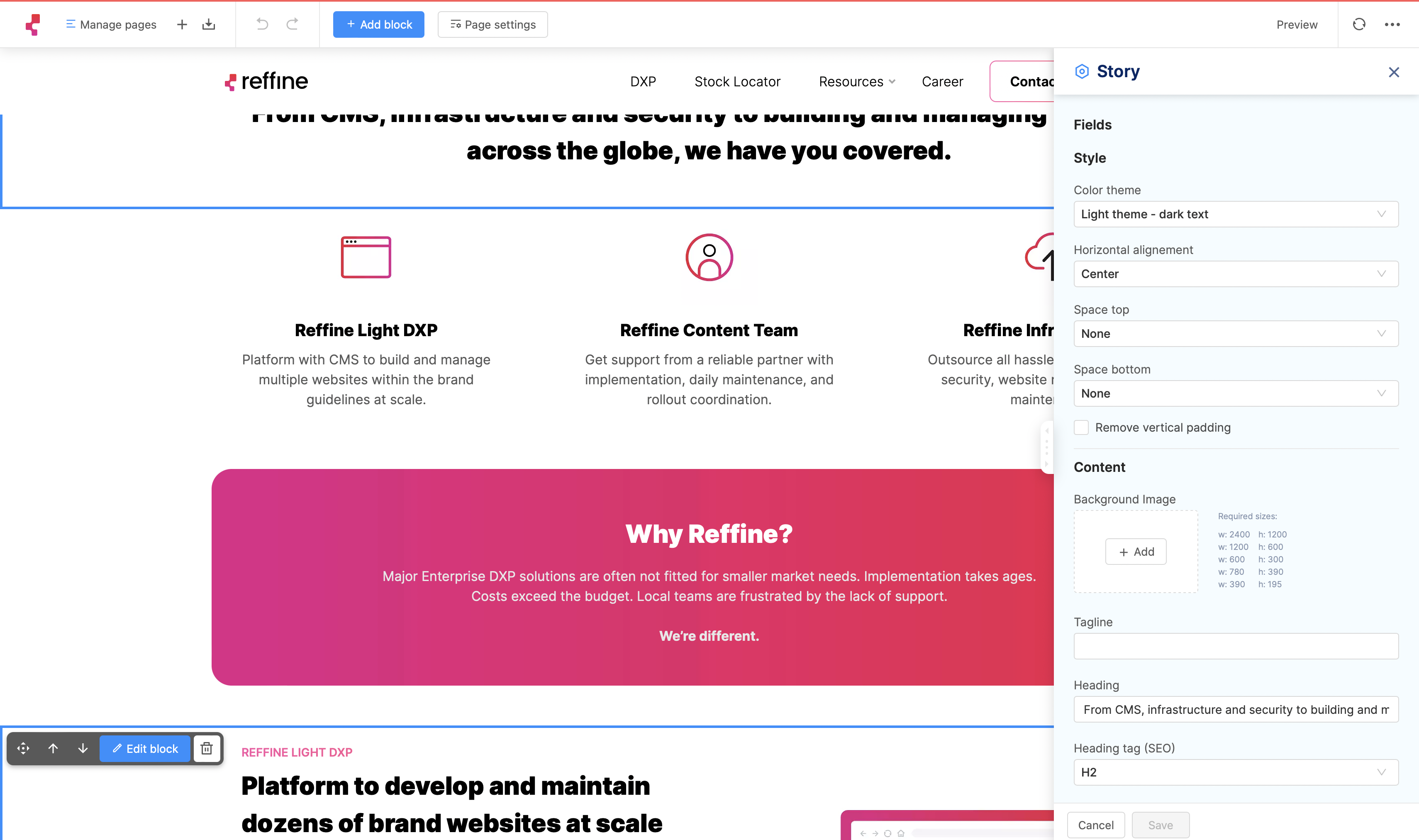 Reffine DXP screenshot: Content block editor