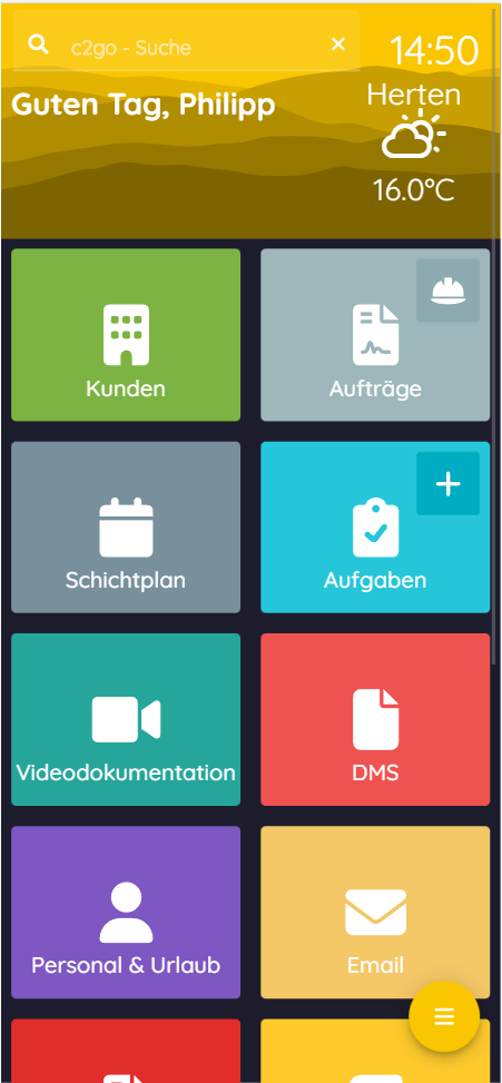 c2go screenshot: Dashboard - Jede Funktion einen Klick entfernt