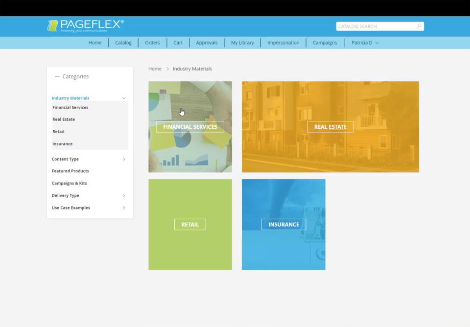Pageflex screenshot: Pageflex industry materials