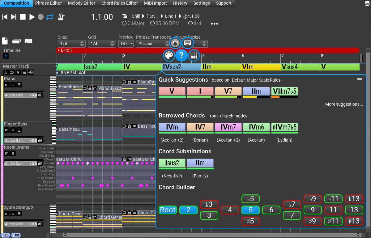 RapidComposer screenshot: RapidComposer chord suggestions