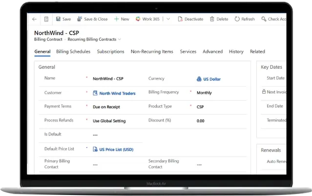 WORK 365 screenshot: Streamline operational activities with advanced billing automation capabilities for your recurring business.