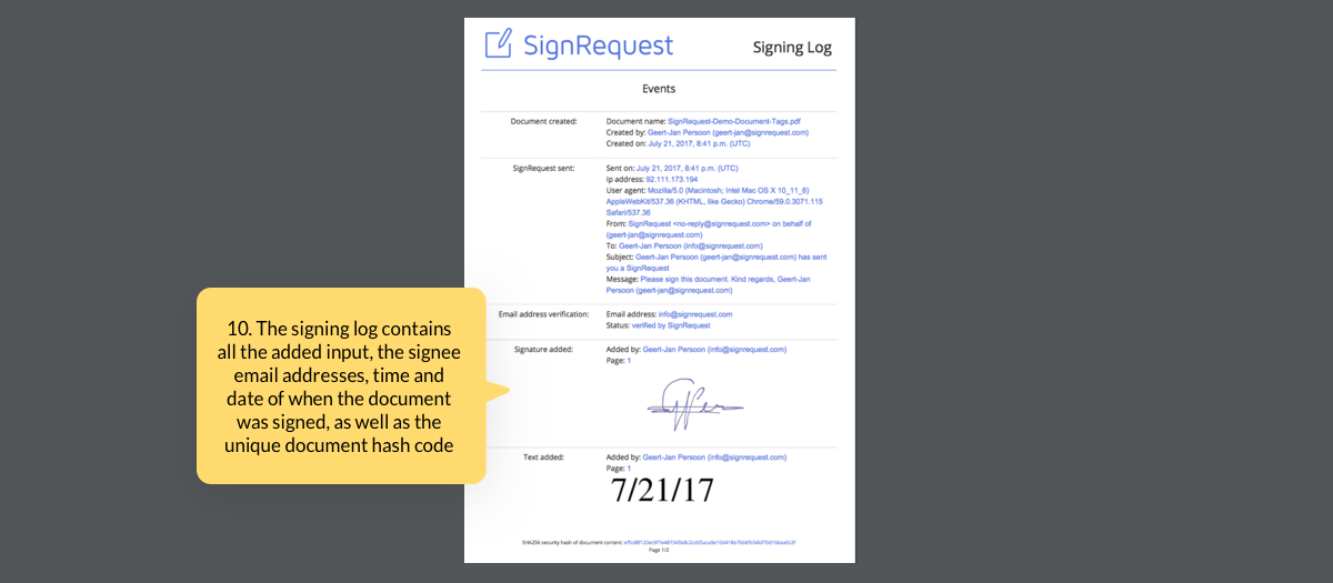 Receive your signing log, an official proof of validity for the signed document