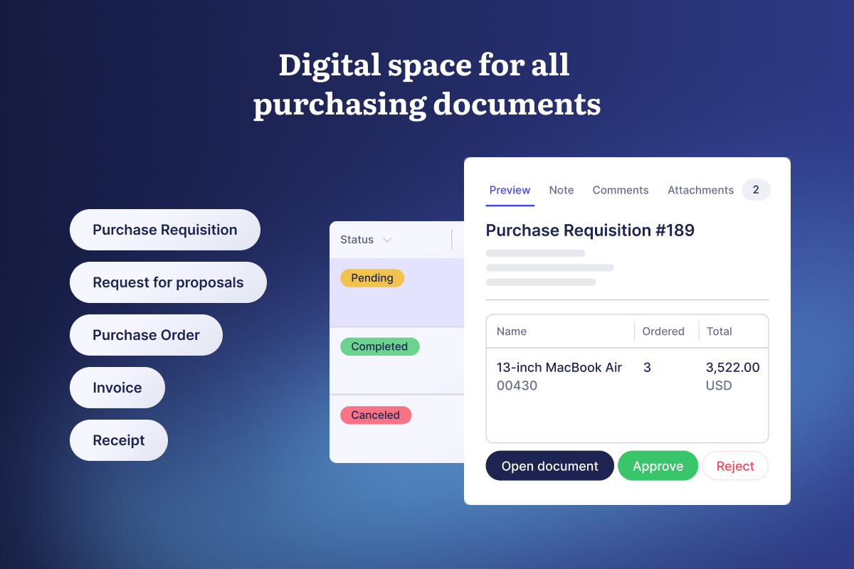 Digitize and organize documents in one collaborative space. Track all purchasing activities across multiple projects and collaborate on the same documents from any device.